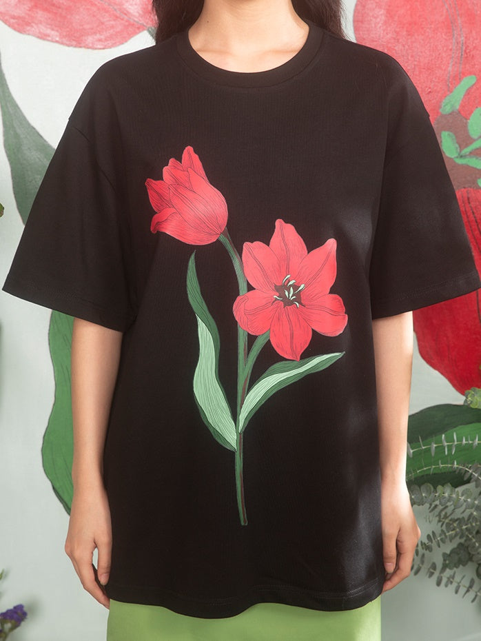 Tulip Print Drop Shoulder T-Shirt