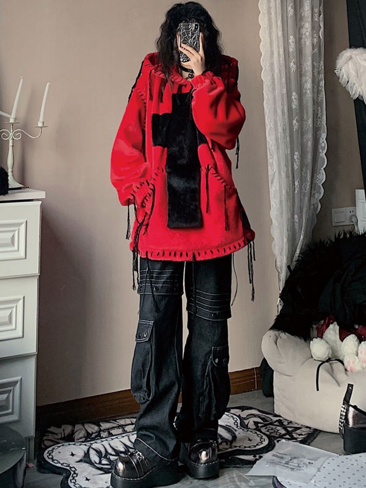 모방 모피 후드 풀 오버