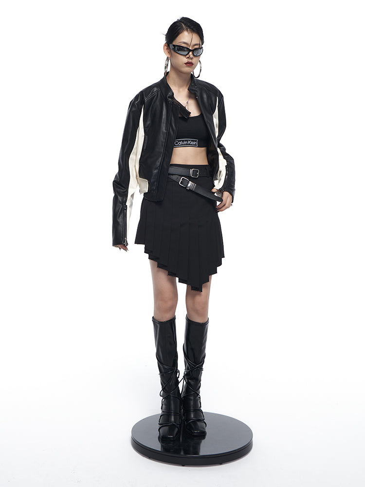 Contrast Color Stand Collar Short Leather Jacket