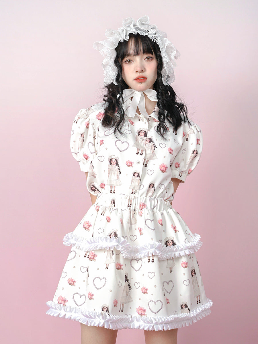Antique Doll Rose Pearl Print Puff Sleeve Shirt