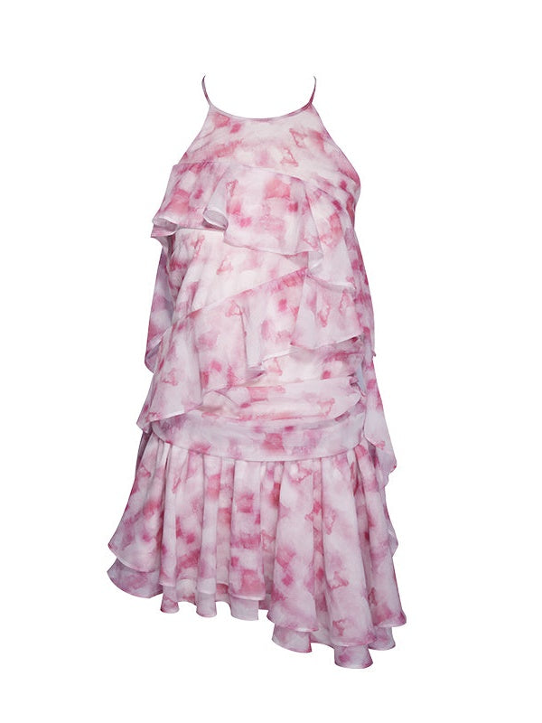 IRREGULAR HEM RUFFLES HALTER NECK PRINTED GAUZE ONE-PIECE