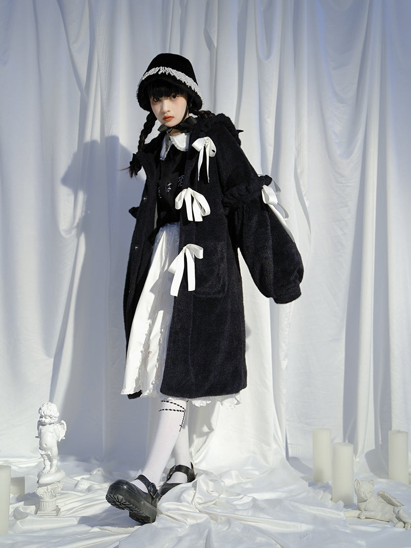 토끼 이어 보아 귀여운 리본 코트