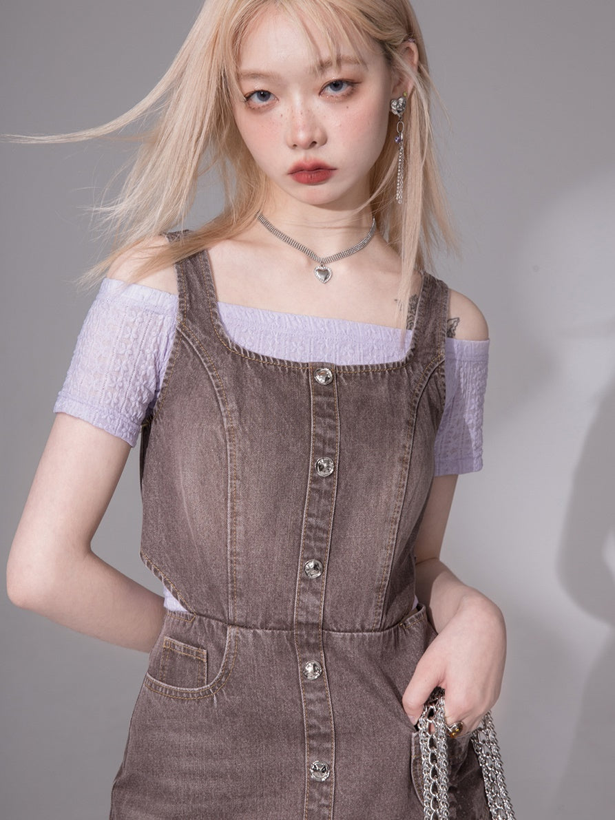 Suspender One-piece & Off-Shoulder T-shirt Set-up