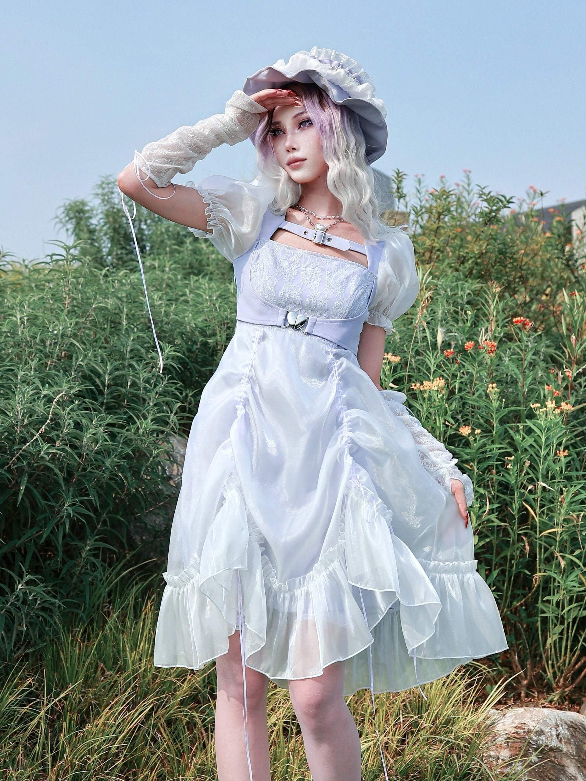 Lace Drawstring Puff Sleeve Romantic Dress