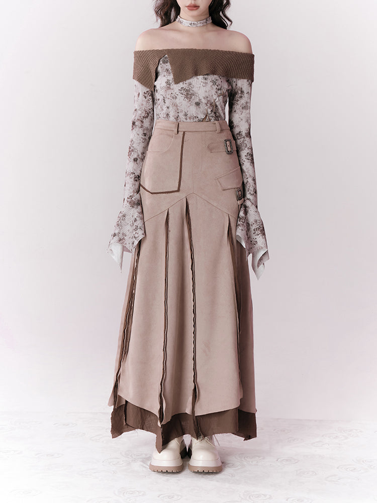 Retro Fake Suede Stitching Skirt