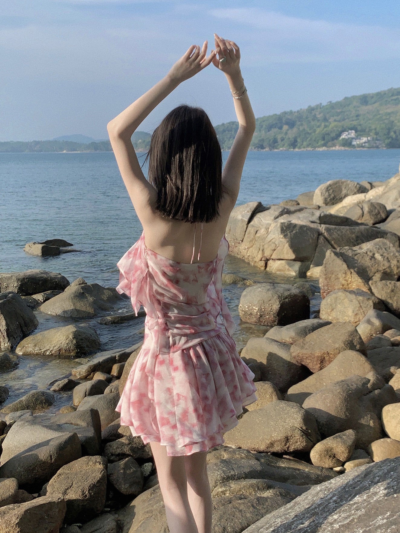 IRREGULAR HEM RUFFLES HALTER NECK PRINTED GAUZE ONE-PIECE