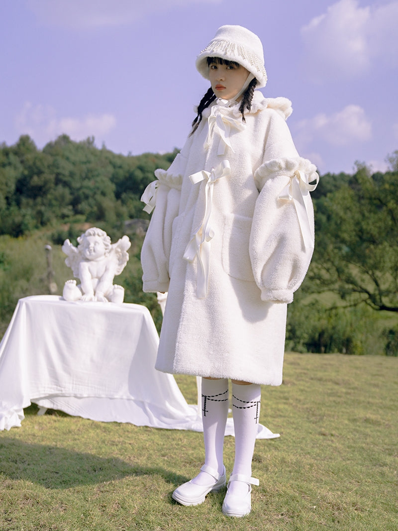 토끼 이어 보아 귀여운 리본 코트