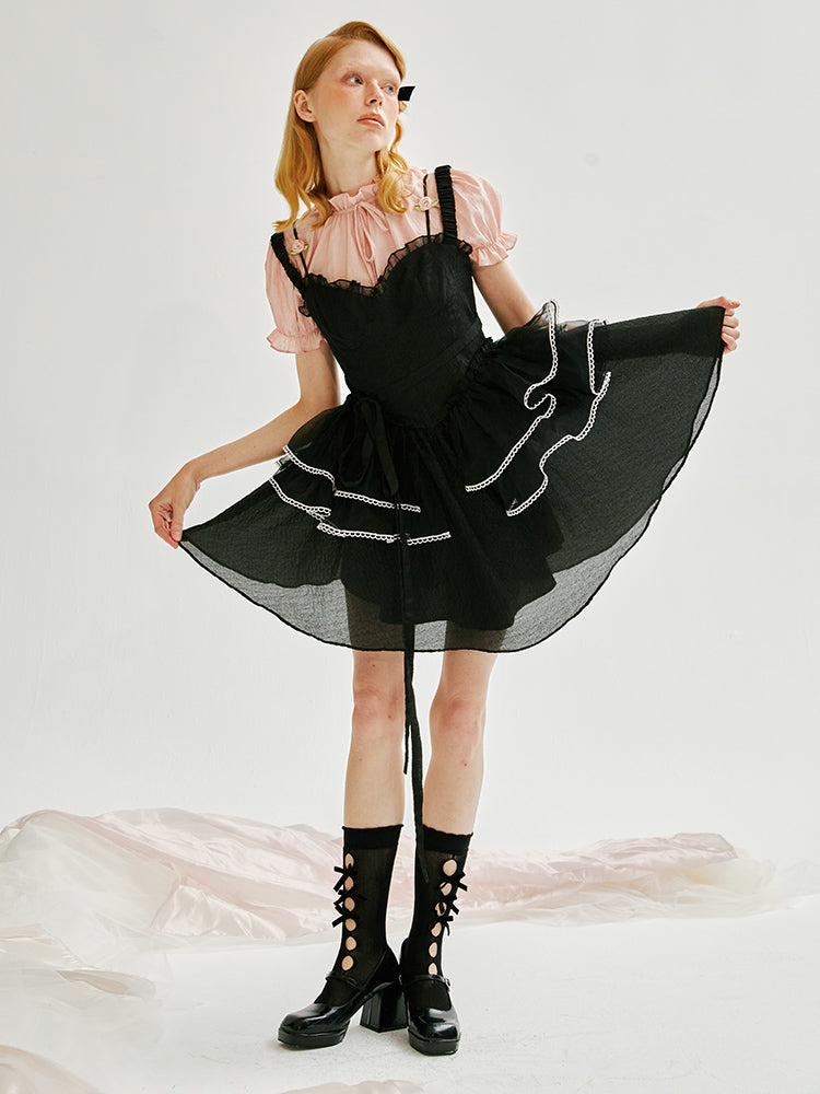 Rose Shoulder Strap Puff Lace Sling Dress