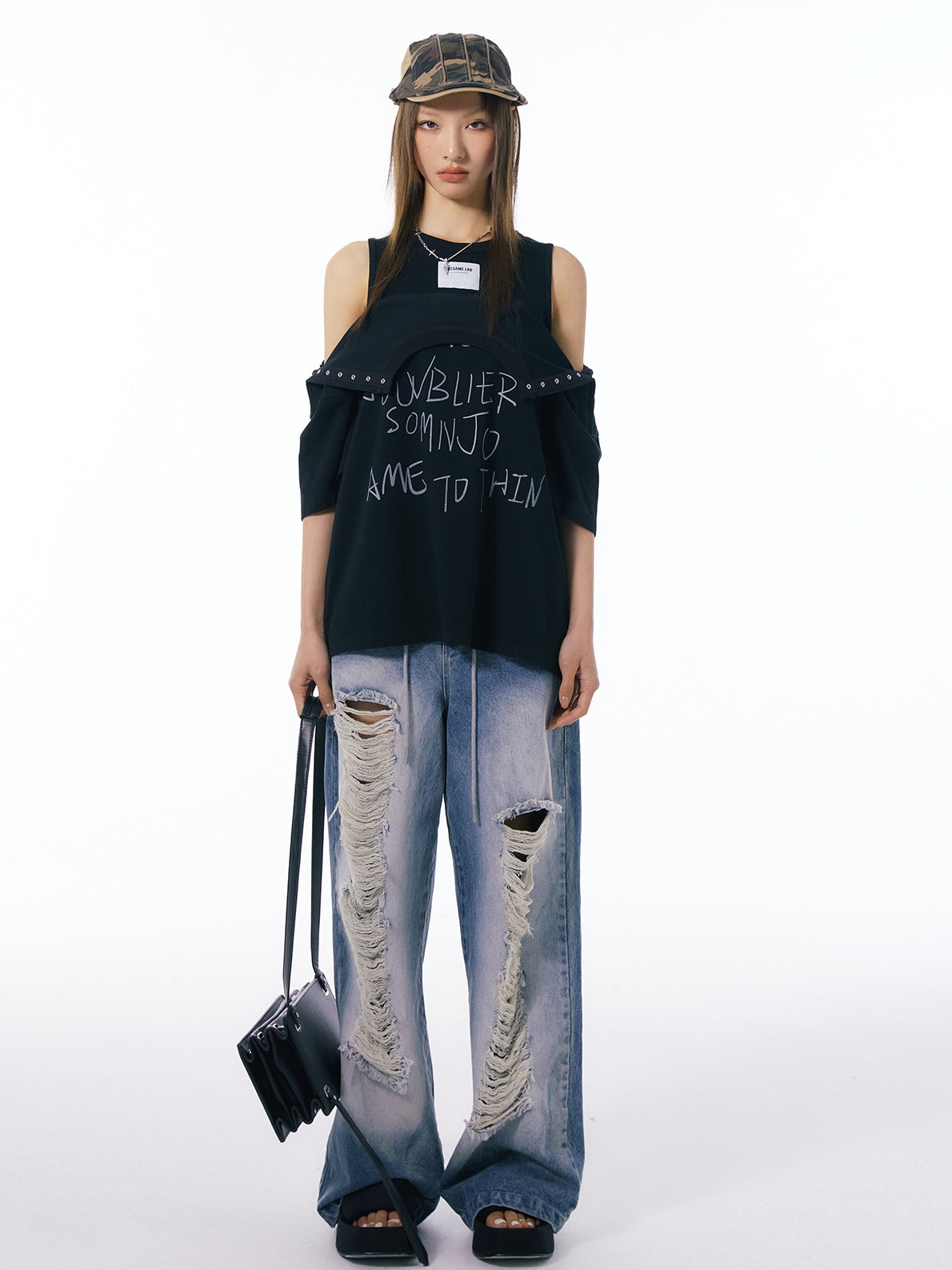 LOOSE Letter Print Shoulder Snap Button T-Shirt