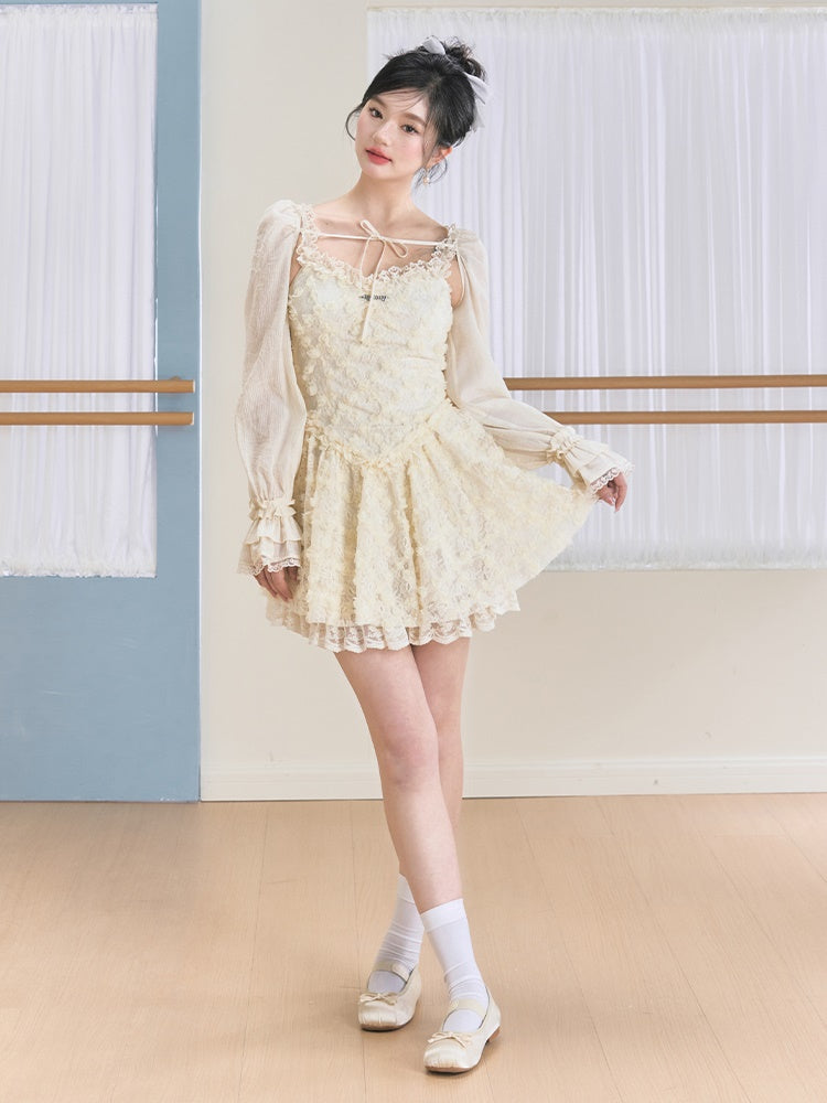 Flower Suspenders Fluffy Dress & Sunscreen Long-sleeved