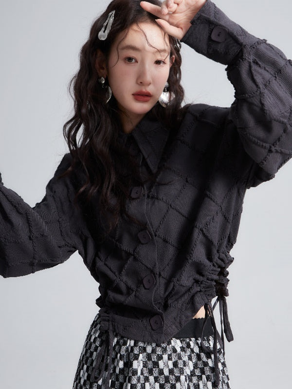 Rhombus Textured Waist Drawstring Short Shirt
