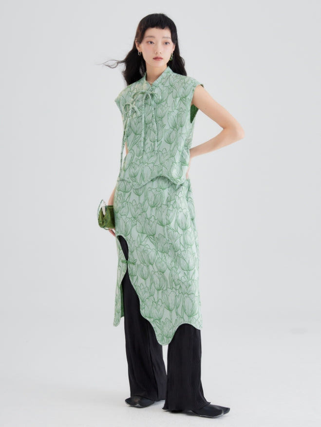 튤립 자카드 버튼 불규칙한 치마