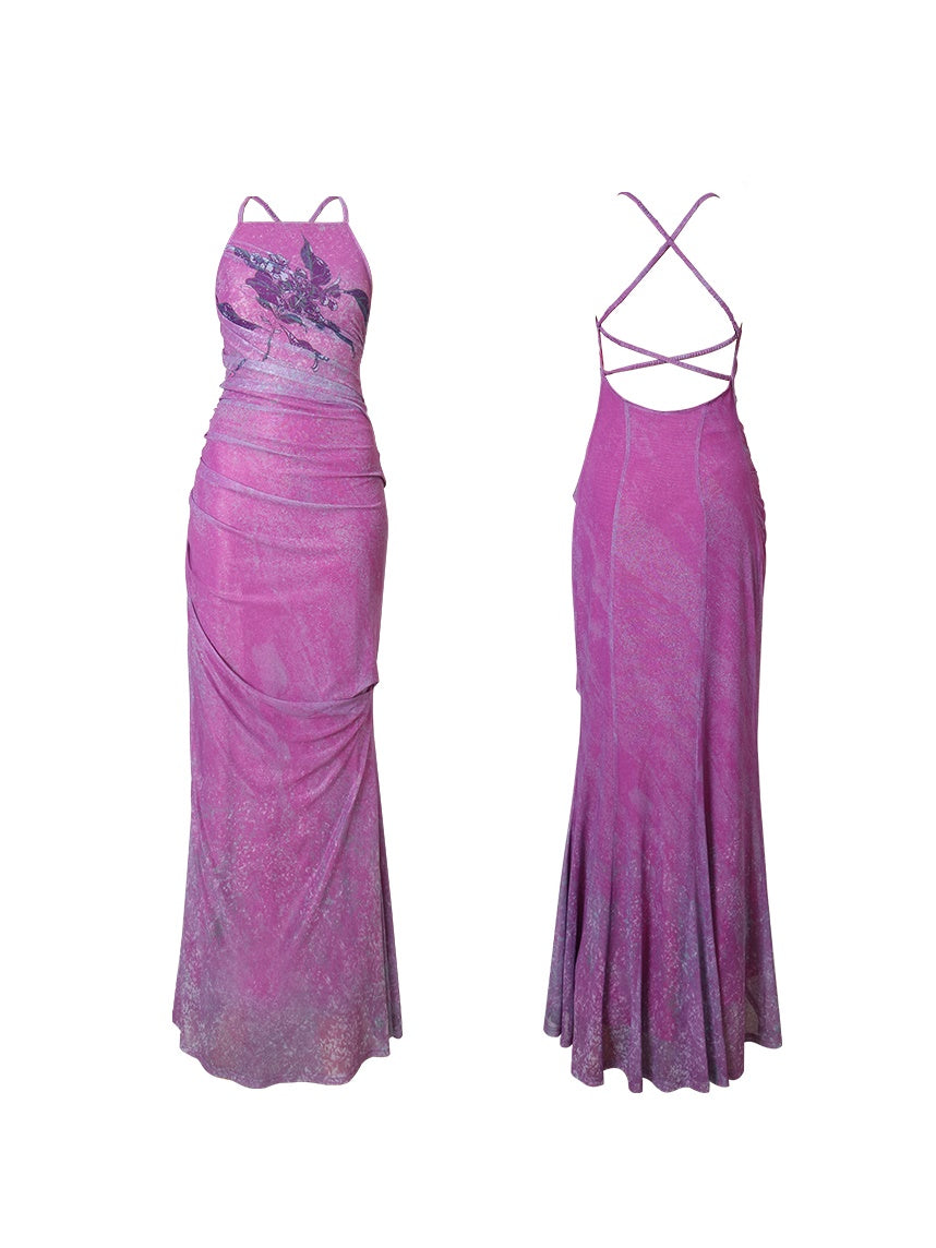 중국 인쇄 메시 긴 뒤쪽 드레스