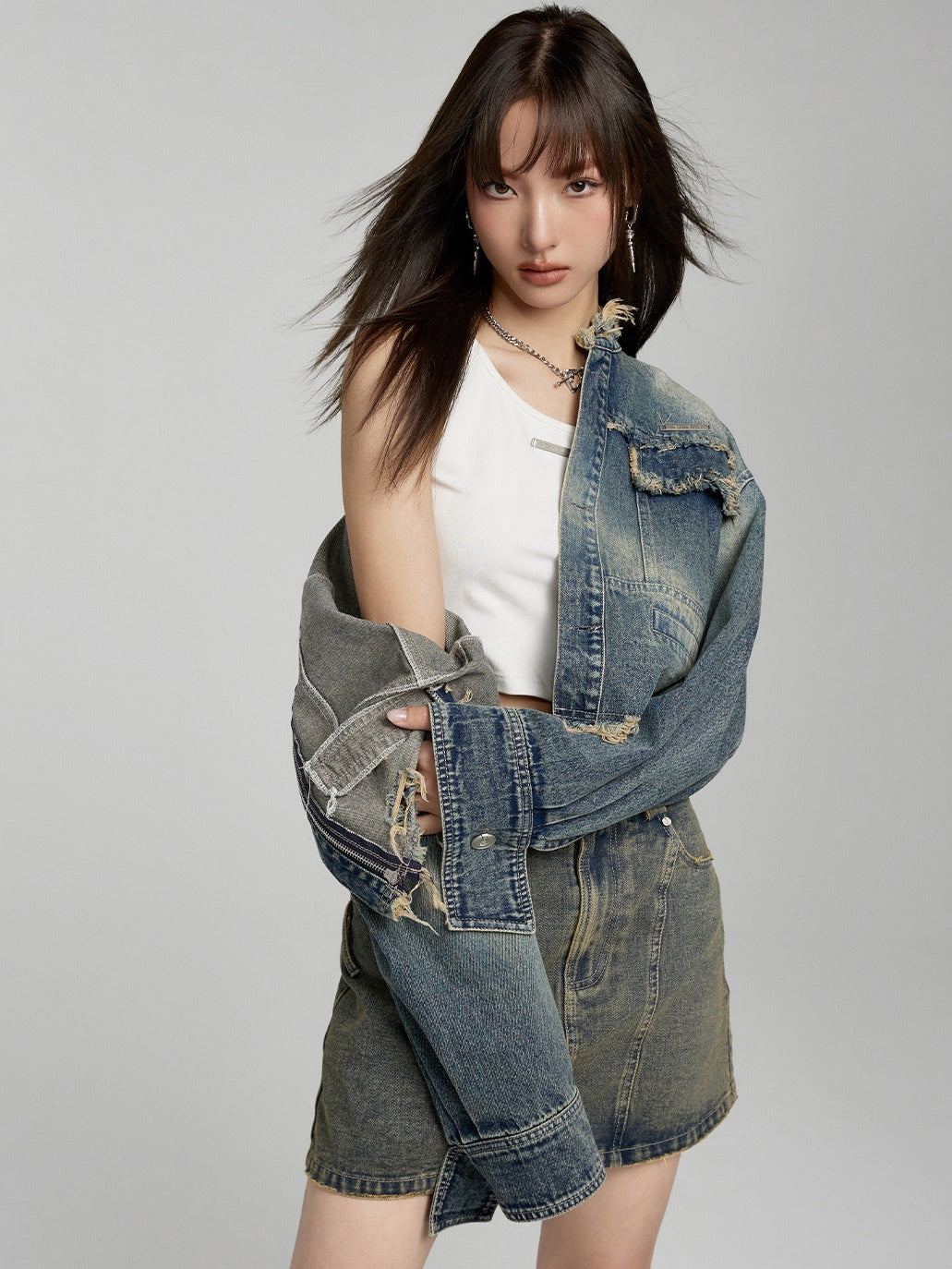 High -Waisted Split a -line Denim Skirt
