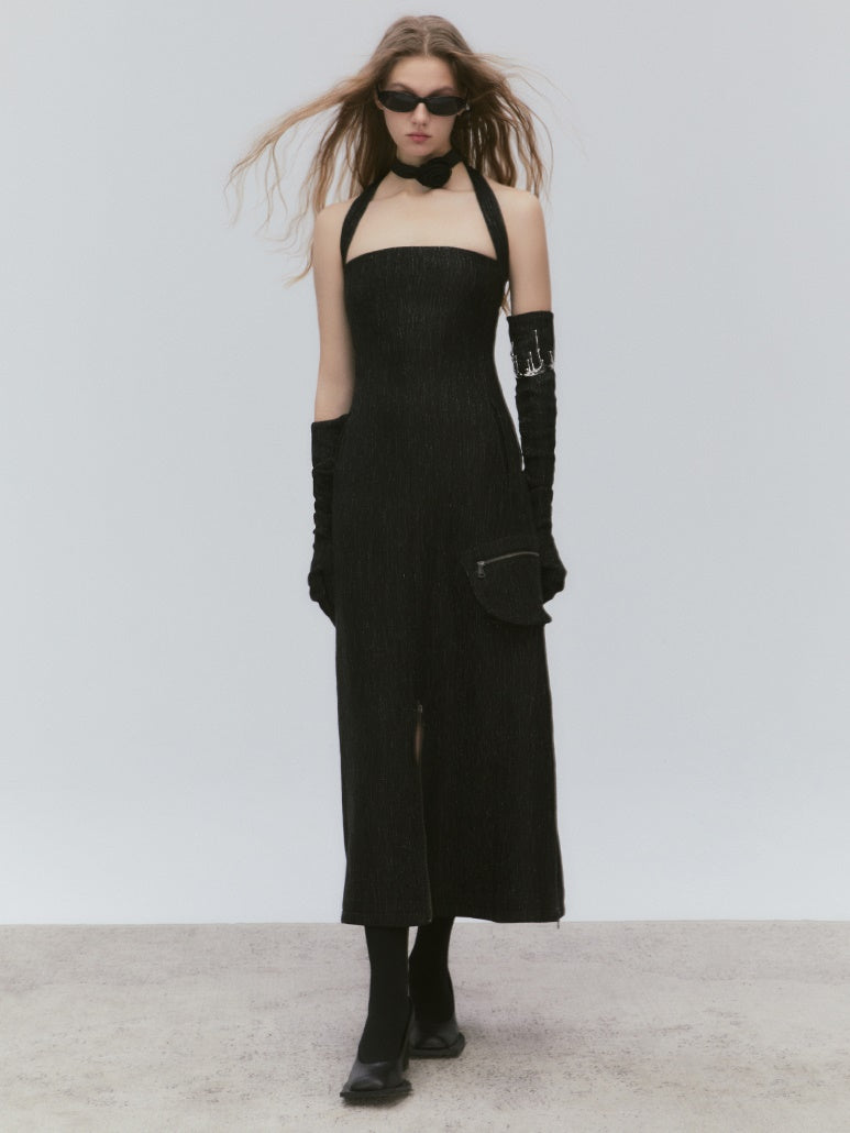 Hanging Neck Zipper Waist Strap Dress