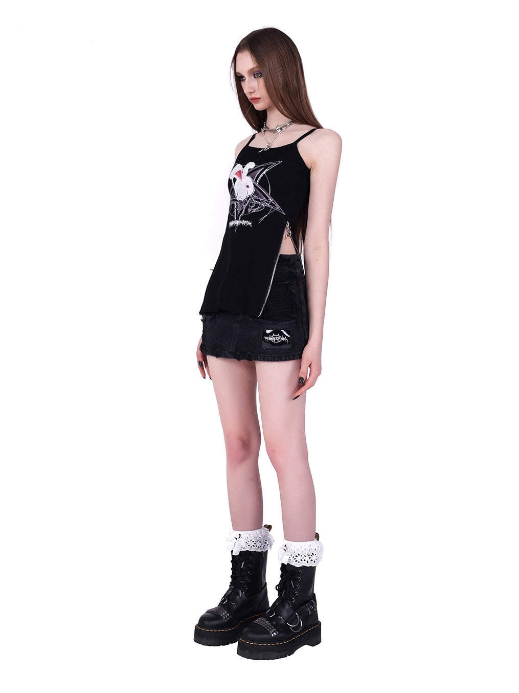 Rock Rabbit Stitching Mesh T-Shirt & Camisole Set