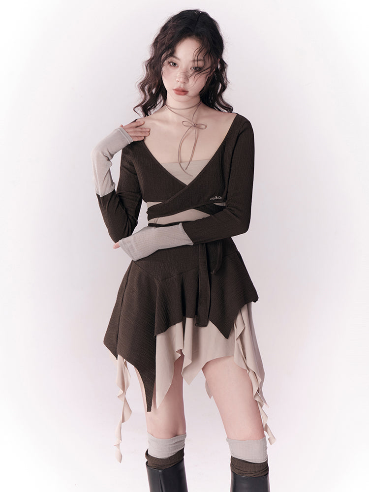 COLOR-MATCHED STRAPPY KNITTED SHORT TOP & ASYMMETRY SKIRT