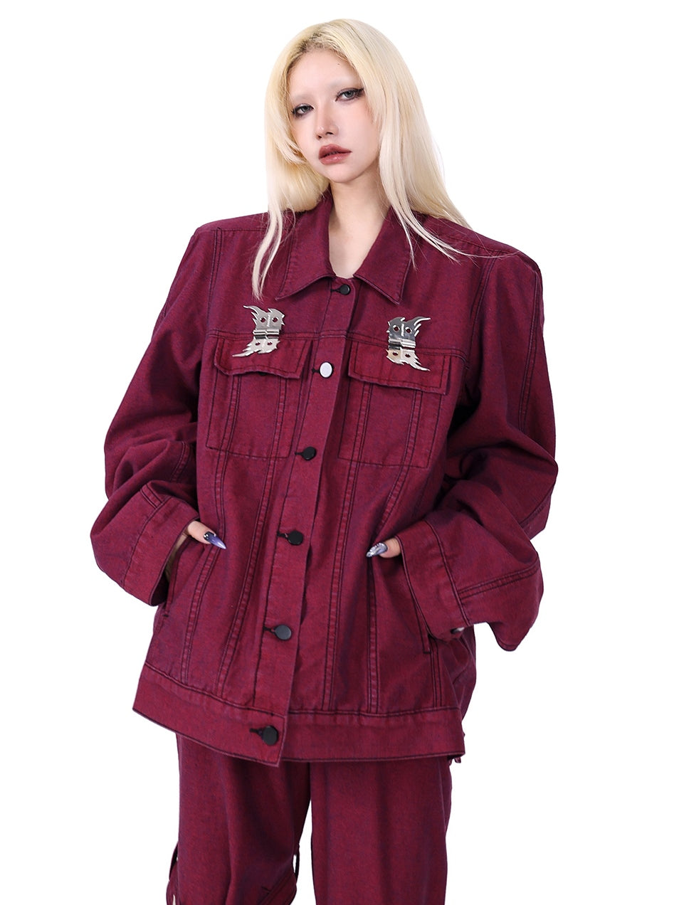 Flame Buckle Shoulder Pad Denim Jacket