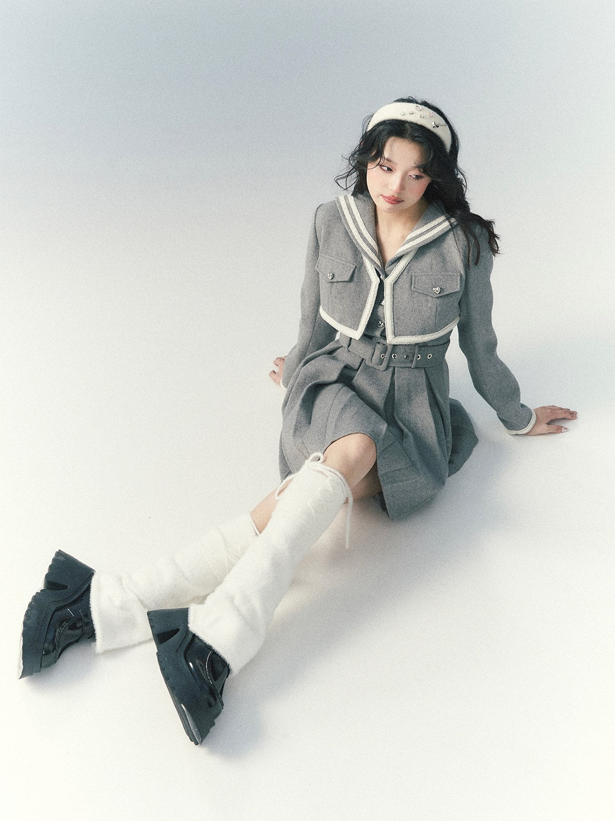 Navy Collar Pleated Dress & Short Jacket