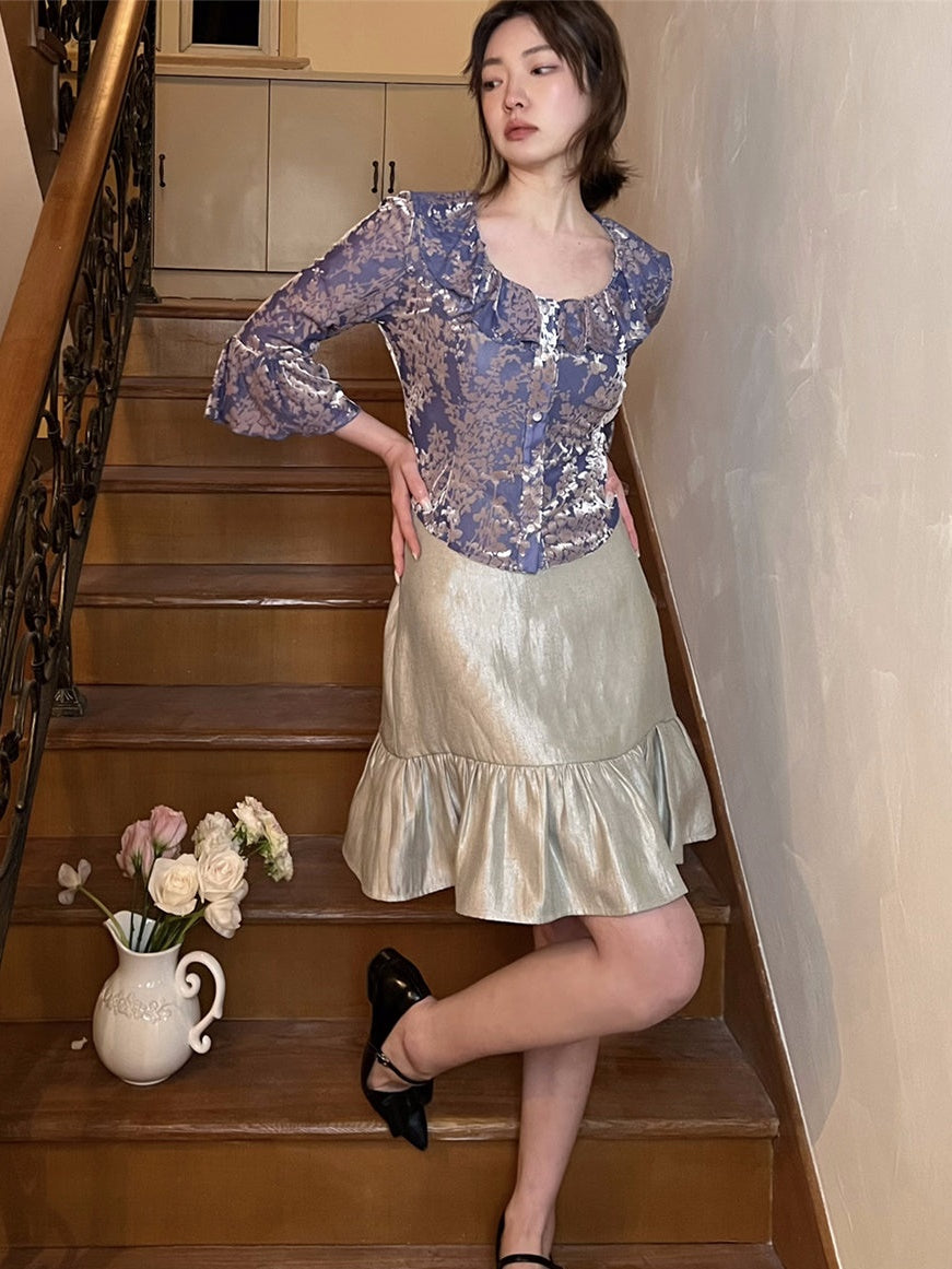 플로럴 프릴 칼라 혼 슬리브 상단