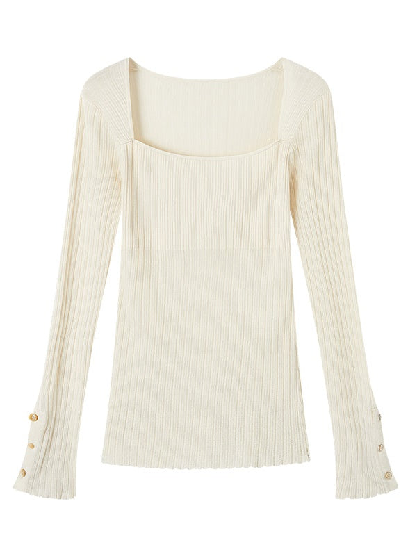 Square Collar Stitching Long-sleeved T-shirt