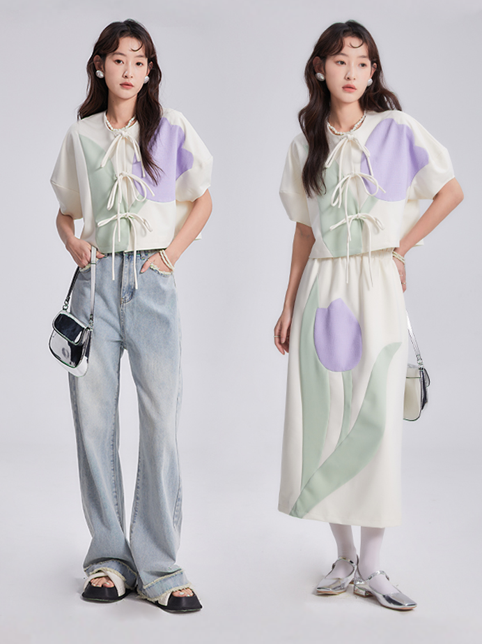Tulip Bow Short-Sleeed Top & Skirt