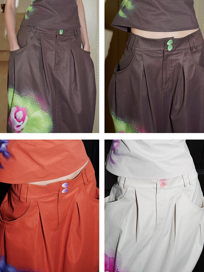 중국 스타일의 플로럴 프린트 버드 스커트