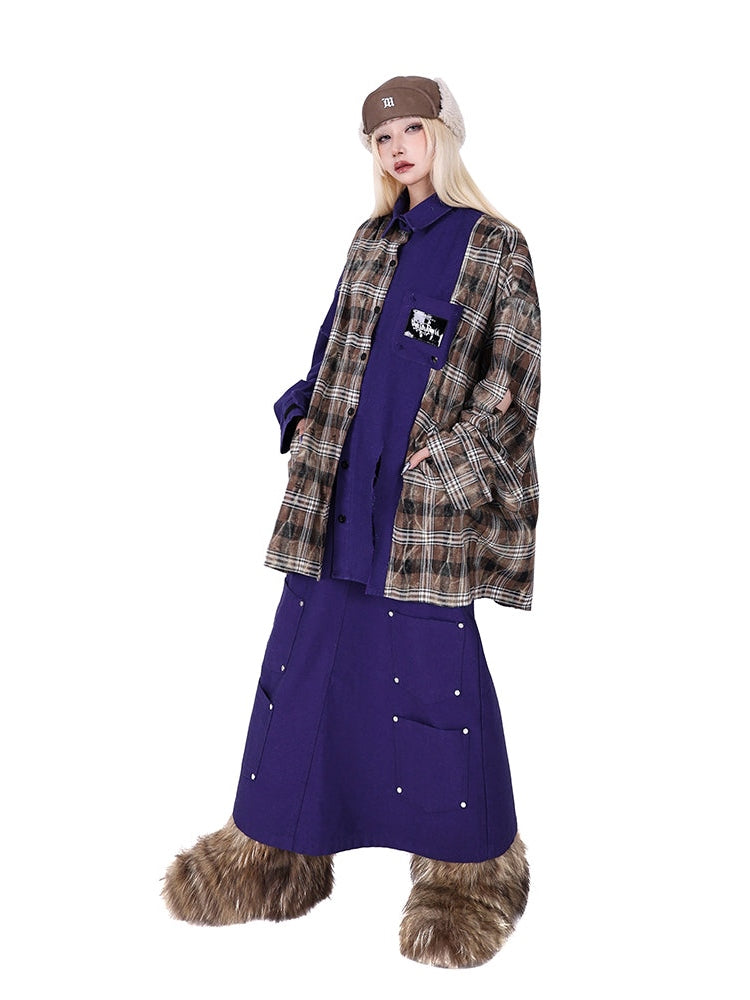 스티칭 격자 무늬 슈퍼 컷 느슨한 셔츠