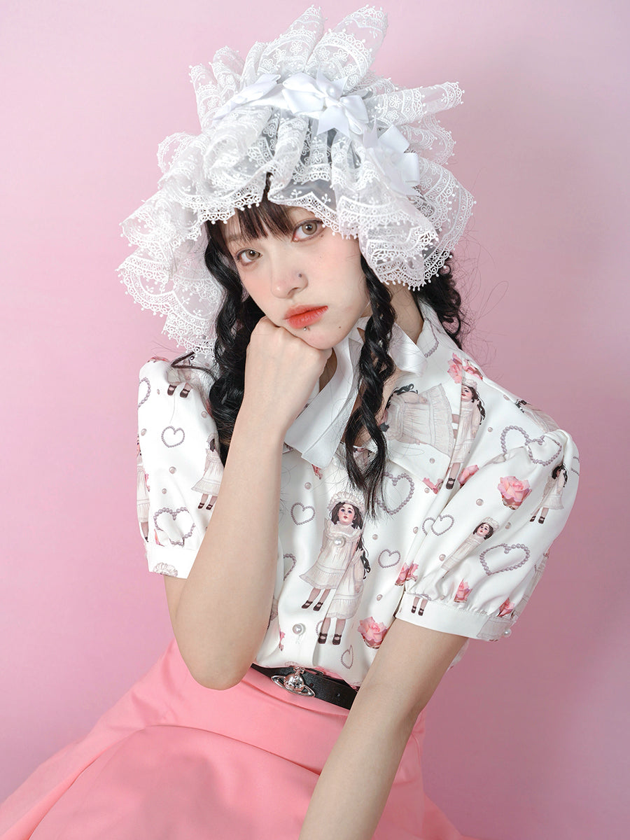 Antique Doll Rose Pearl Print Puff Sleeve Shirt