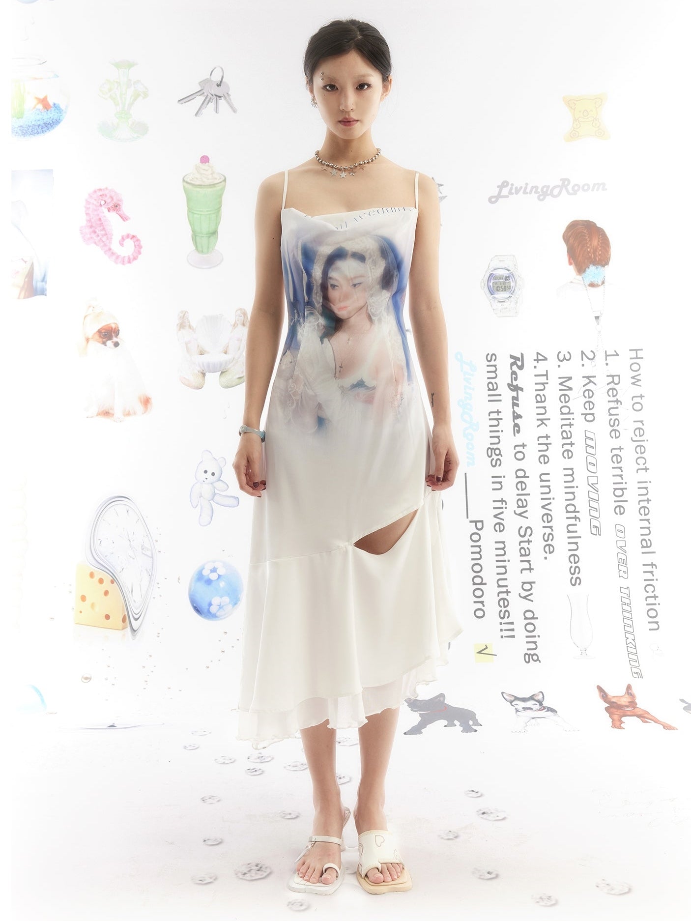 초상화 인쇄 비대칭 헴 슬립 드레스