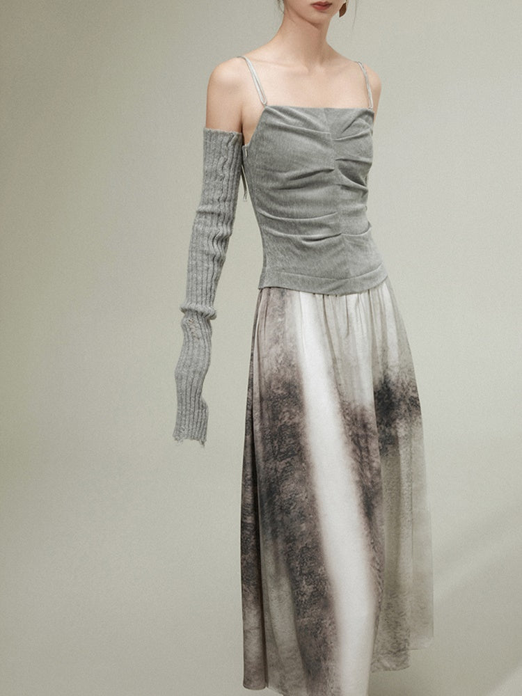 IRREGULAR PLEATED STITCHING SLING Dress