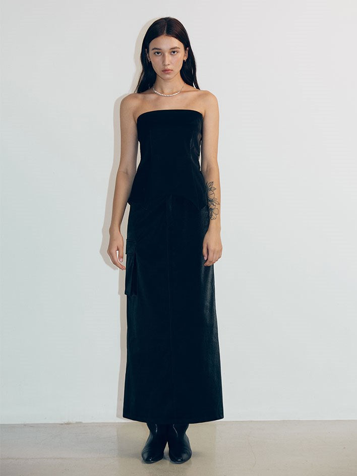 Denim Leather Straight Long Skirt