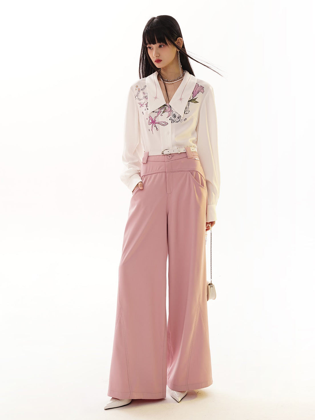 높은 허리 드레이프 넓은 다리 바지