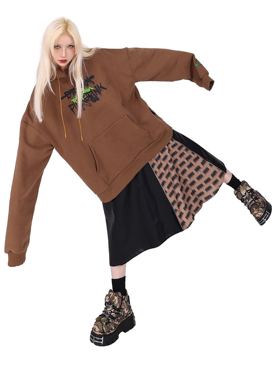 Zipper Contrast Color Leather Skirt