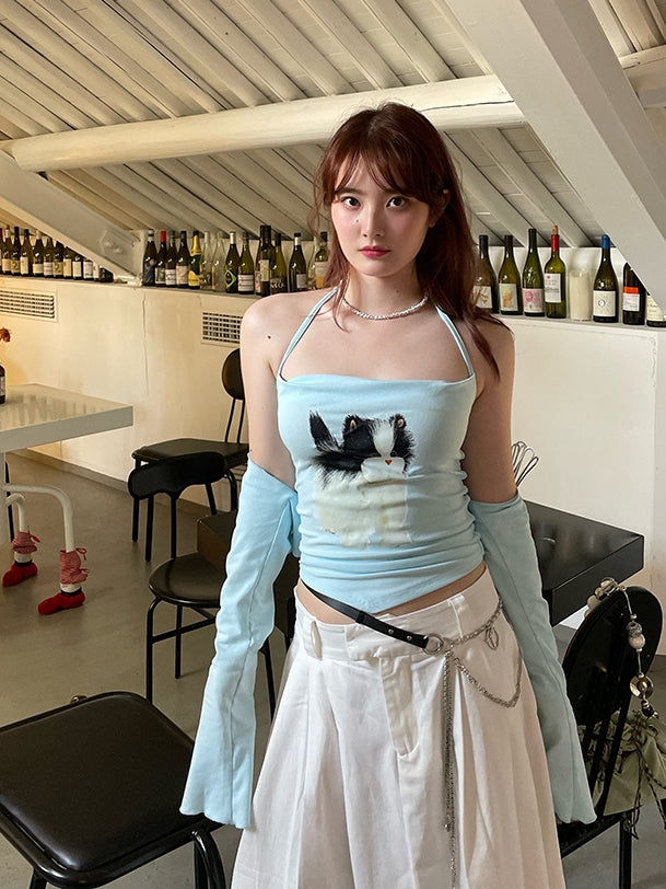 Kitten Printer Halter Camisole & Sleeve