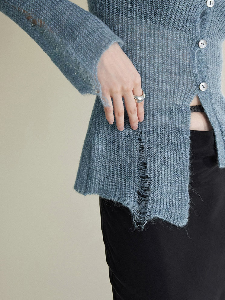 Asymmetrischer Mohair zerrissene Strickjacke