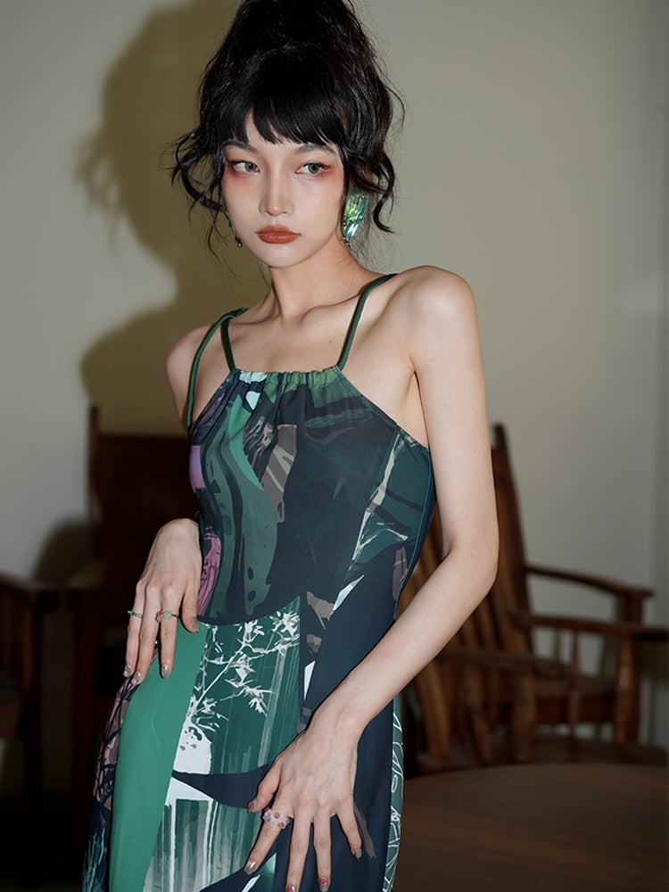 Vintage Print Slim Long Spit Kleid