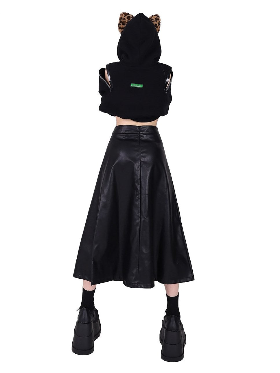 Zipper Contrast Color Leather Skirt