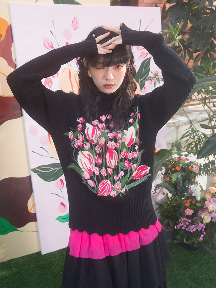 Tulip Pattern Half Turtreneck Loose Sweater