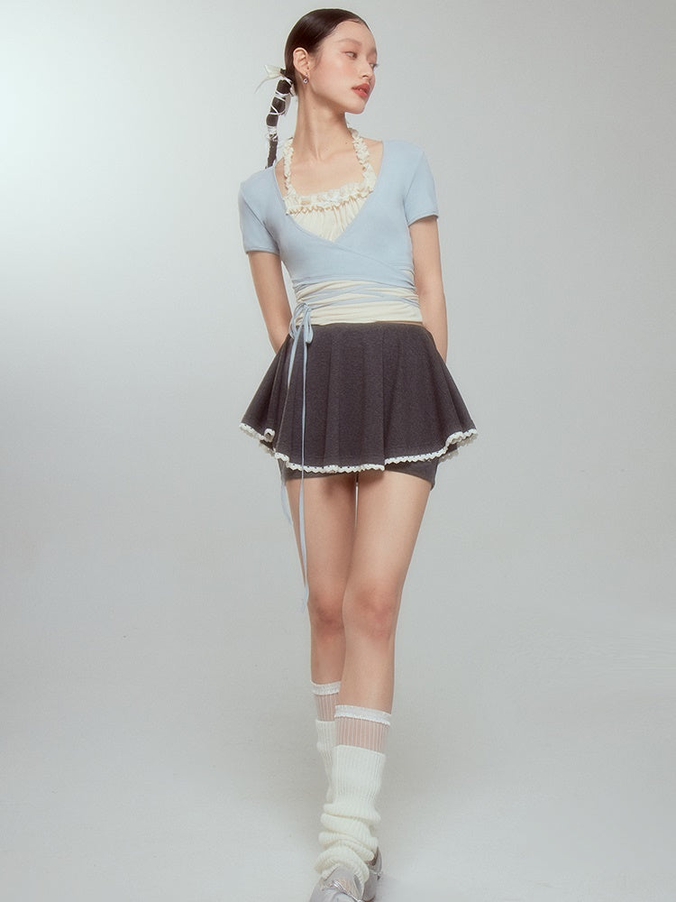 Halter-neck Frill Camisole & Strap Short Cardigan Set-up