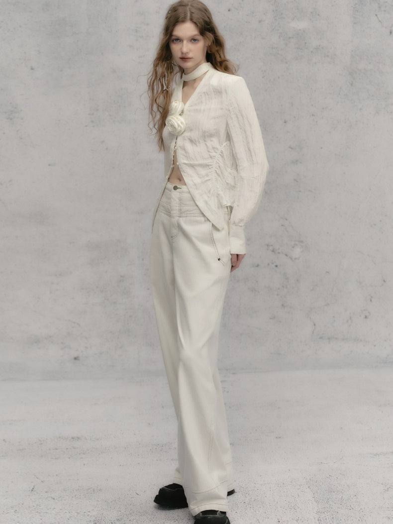 Rose French V-Neck Micro-Waist Shirring Shirt & Skirt