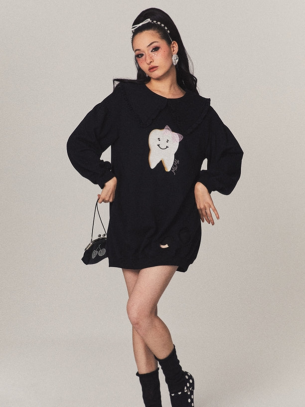 Teeth Oversize Damage Frill Casual Pop Pullover