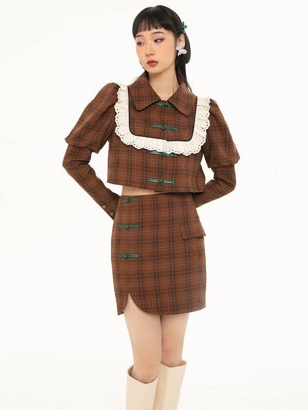 중국 버클 격자 무늬 짧은 재킷 및 스커트