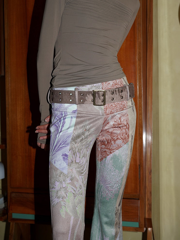 Vintage Print Slim Fit ausgestoßener Hosen mit Gürtel