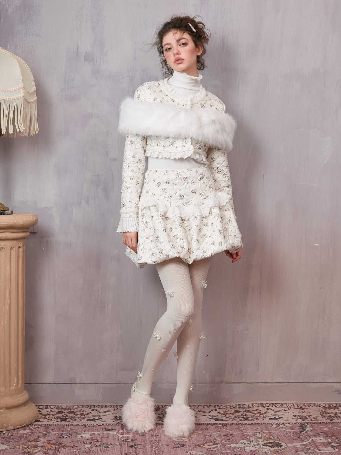 Veste courte et jupe courte en coton floral sans col