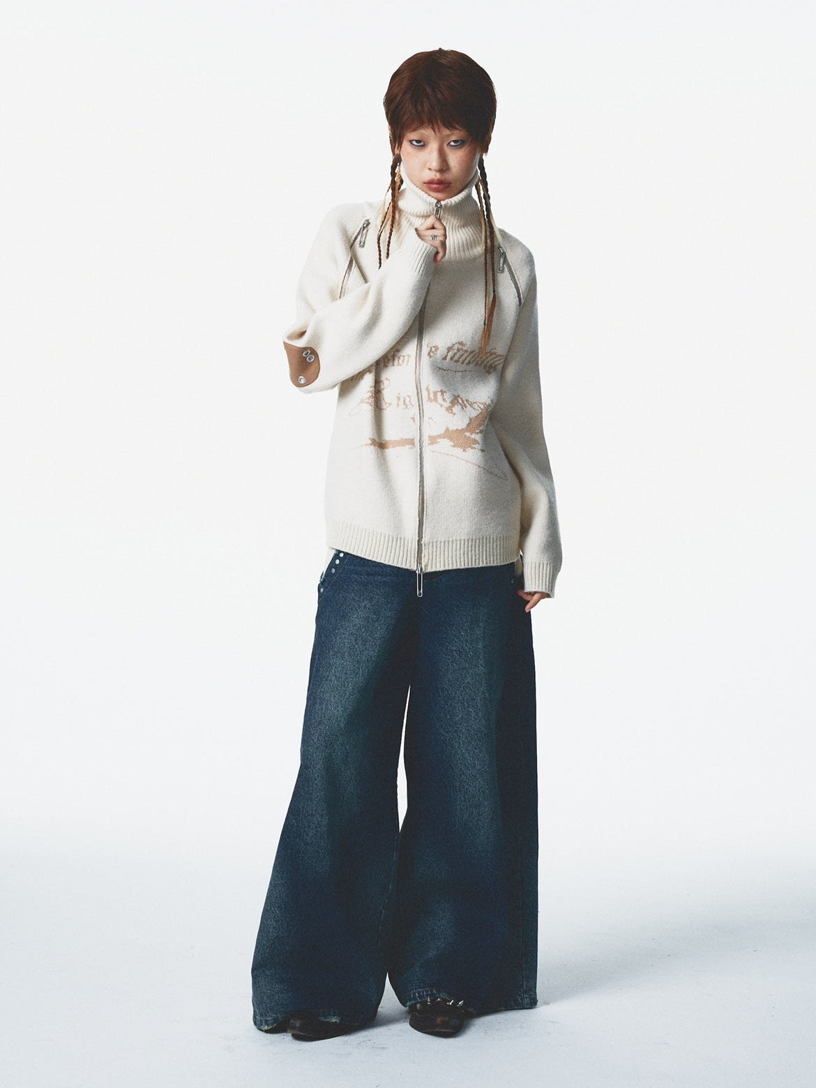 Ultra-high Collar Double Zipper Hole Sweater Jacket