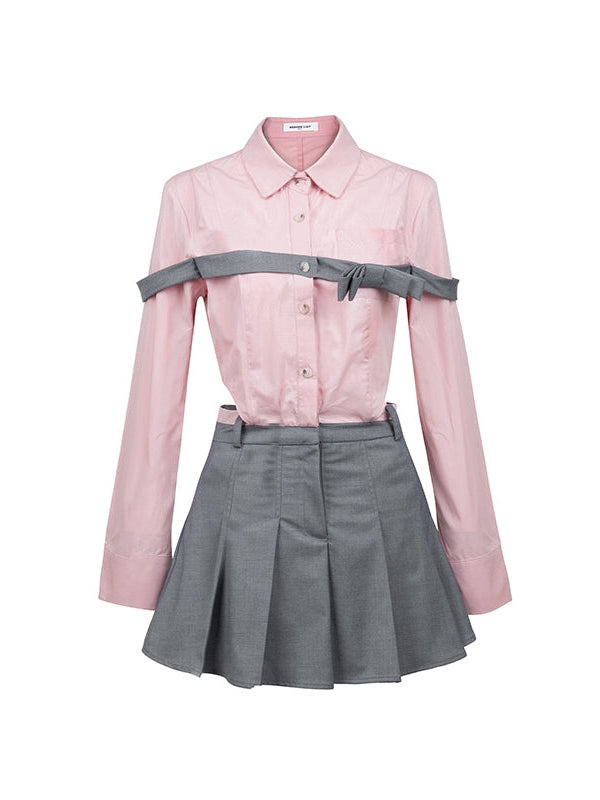 보우 스티칭 셔츠 주름 드레스
