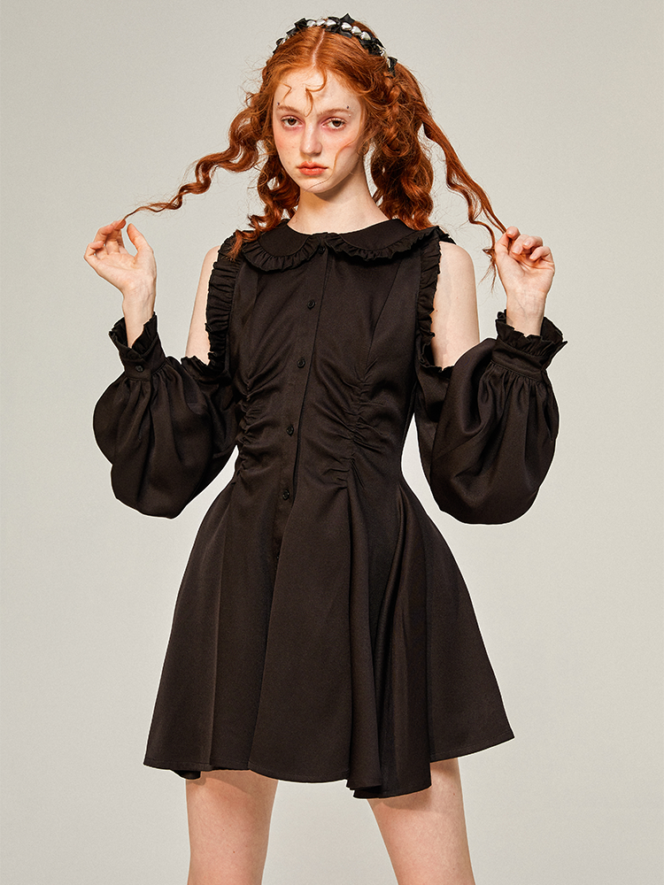 Off-the-shoulder Doll Collar Shirt Dress - Group of Universe