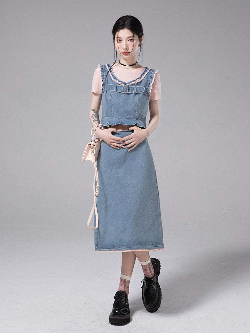 Denim-Weste & Rock & Bottoming T-Shirt Setup