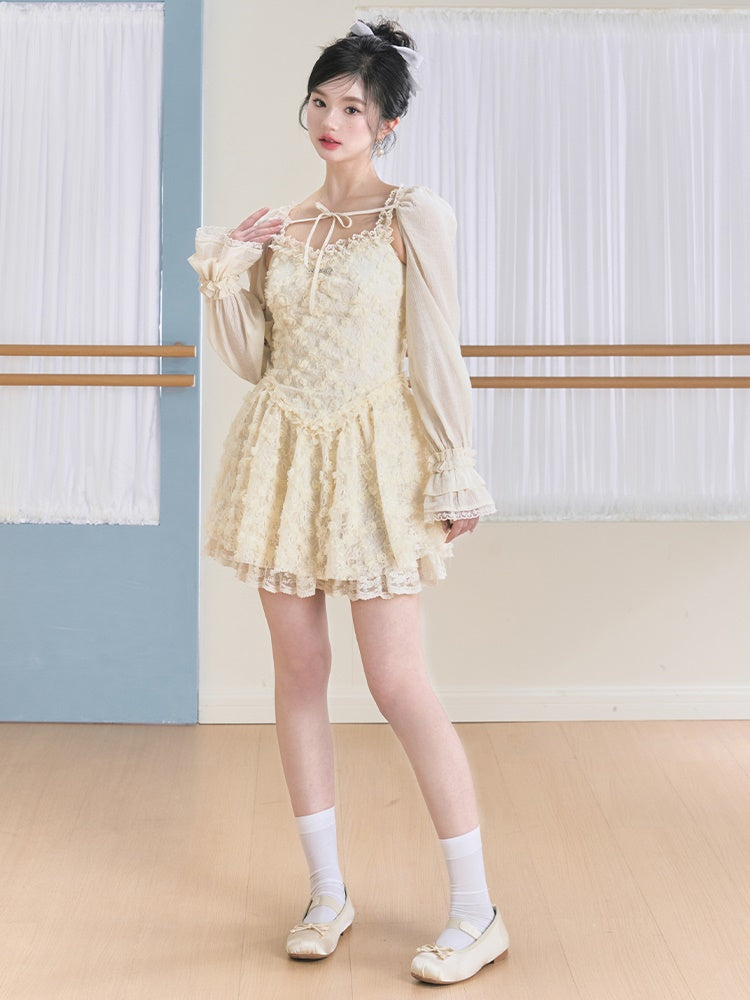 Flower Suspenders Fluffy Dress & Sunscreen Long-sleeved